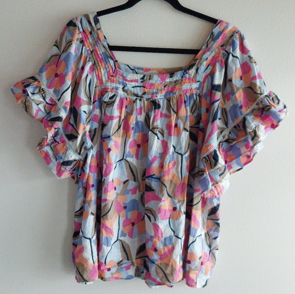 Cafe Marrakesh Pastel Floral Pintuck Tiered Ruffle Sleeve Boho Top